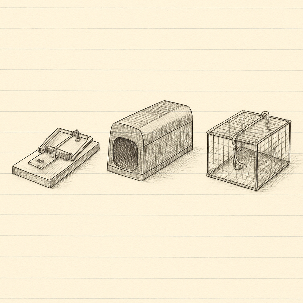 Selection of mouse traps arranged on a warm cream surface for editorial review