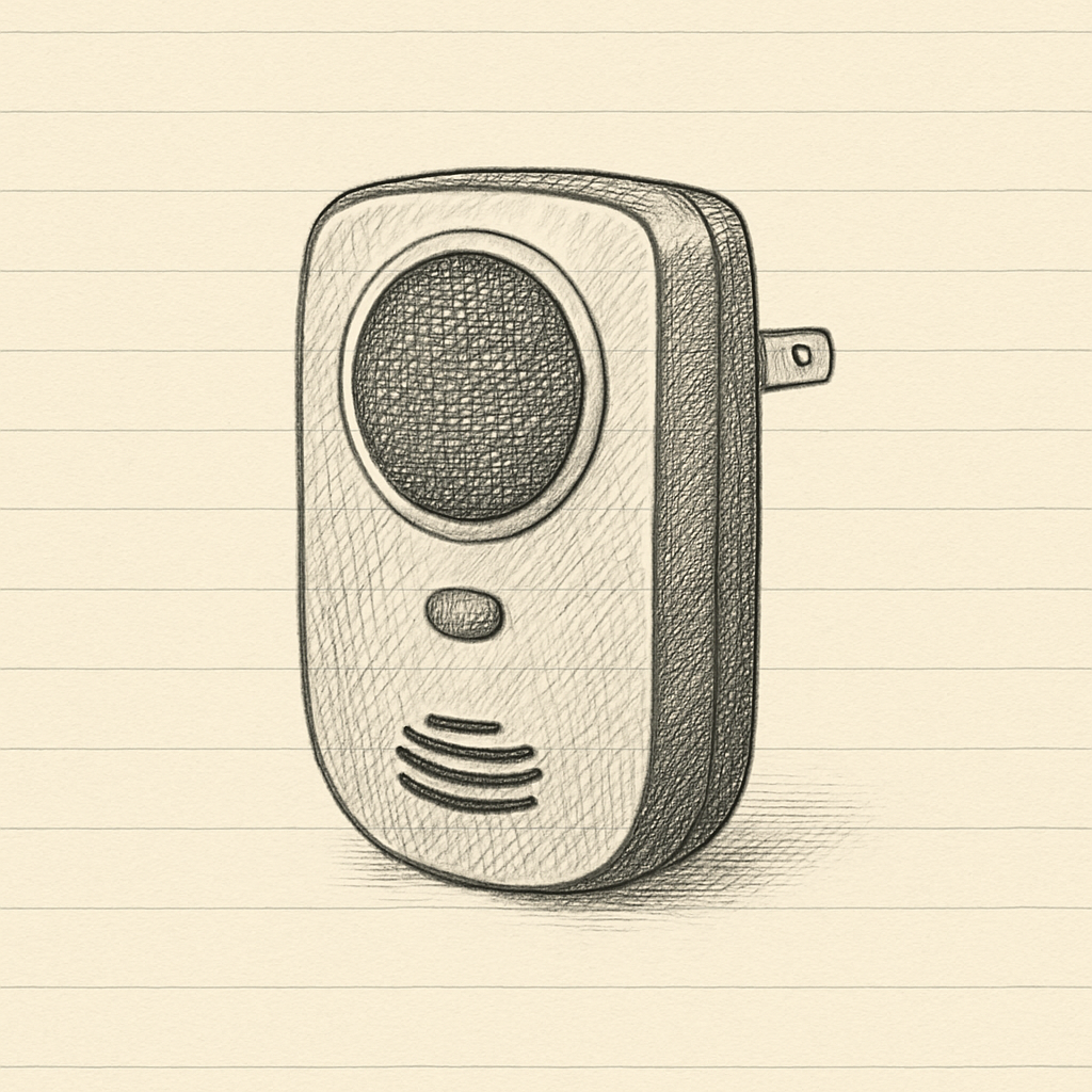 Ultrasonic pest repeller plugged into a wall outlet, evaluated in a residential setting